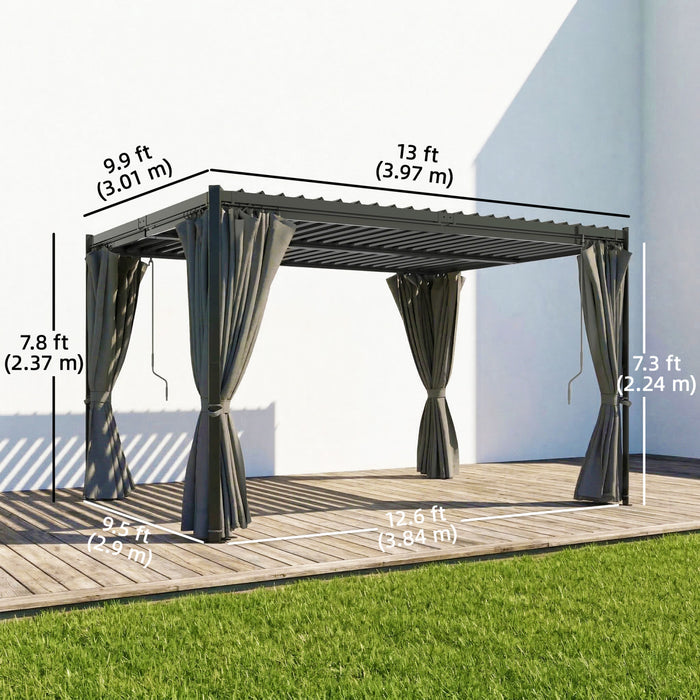 Outsunny 10 x 13 ft Pergola d'exterieur a persiennes avec toit en acier, rideaux, gris