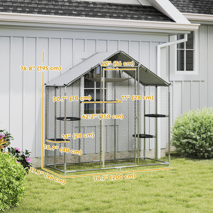 PawHut Grand Catio Enclos Exterieur pour Chats, Cage Marchable en Acier Galvanise avec Couverture Impermeable, 5 Plateformes Ajustables, Hamac, 200 x 96 x 195 cm
