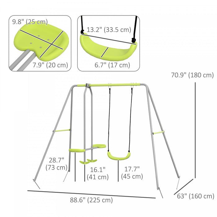 Outsunny Balancoire pour enfants, cadre de balancoire en metal robuste avec planeur, siege de balancoire, piquets de sol, aire de jeux exterieure pour jardin, Vert
