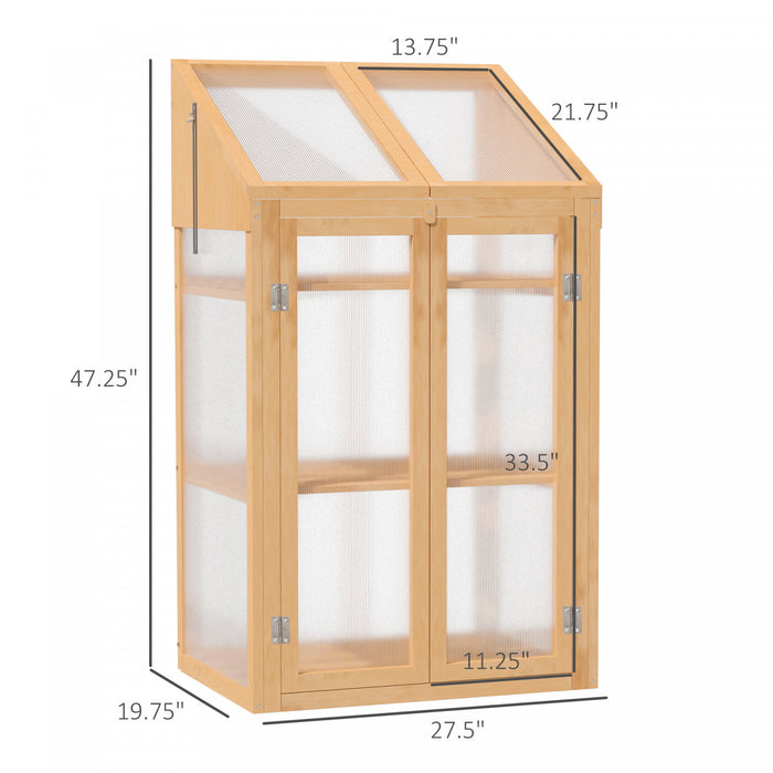 Outsunny Mini Serre De Jardin En Bois Avec 3 Etageres Toits Ouvrants Pour Exterieur Interieur Dim. 27.5\" X 19.75\" X 47.25\" Brun
