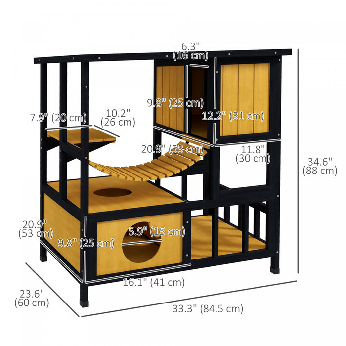 Pawhut Niche D'exterieur Pour Chat, Abri Pour Chat En Bois Avec Pont Suspendu, Condos, Portes De Secours, Plate-forme De Saut, Toit Resistant A L'eau, Pour 1 A 2 Chats – Jaune