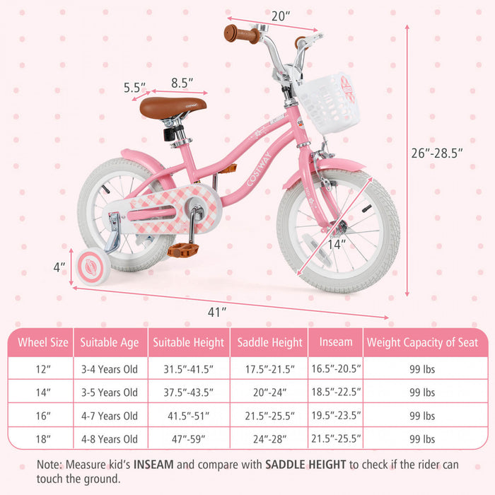 Velo Costway 14\" Pour Enfants Avec Roues D'entrainement Amovibles Et Panier Pour 3-5 Ans