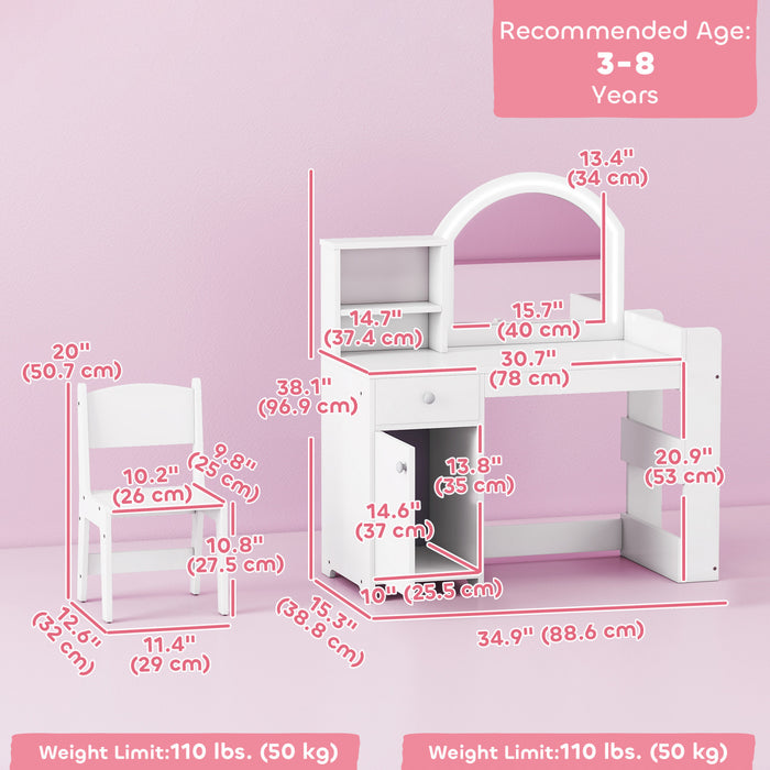 Qaba Ensemble de Coiffeuse pour Enfants, Miroir Lumineux, Tabouret, Blanc