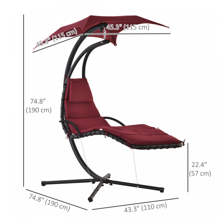 Outsunny Chaise Flottante Chaise De Balancoire De Porche D'exterieur Hamac Suspendu Siege Inclinable Avec Support En Arc Et Parasol A Auvent Rouge Vin