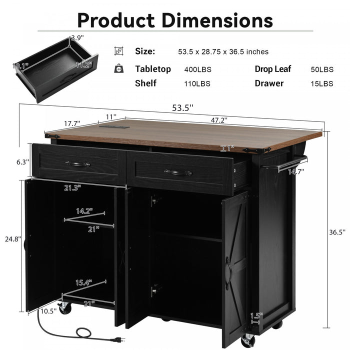 Chariot De Cuisine Elton 53,5\" En Bois Reconstitue Avec Prise Electrique Et Rangement - Noir