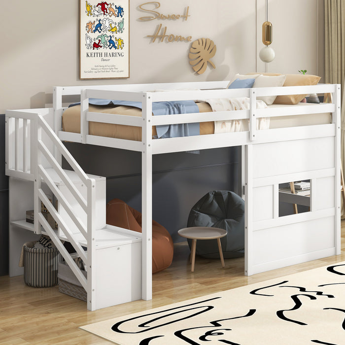 Lit mezzanine moderne Pepys avec escalier de rangement et fenetre, taille simple, blanc