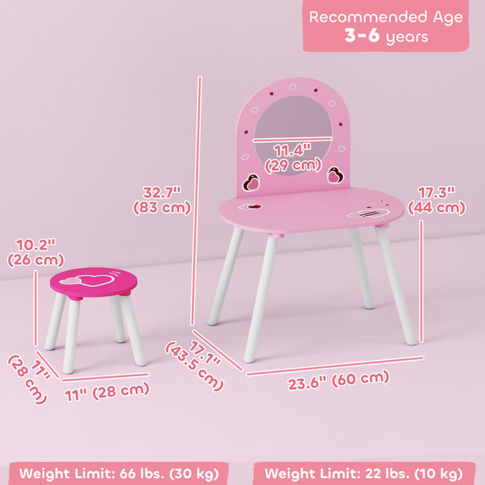 Qaba Ensemble de Coiffeuse pour Enfants avec Miroir et Tabouret, Table de Maquillage pour Petites Filles avec Motif de Cœur pour Chambre, pour les 3 a 6 Ans, Rose