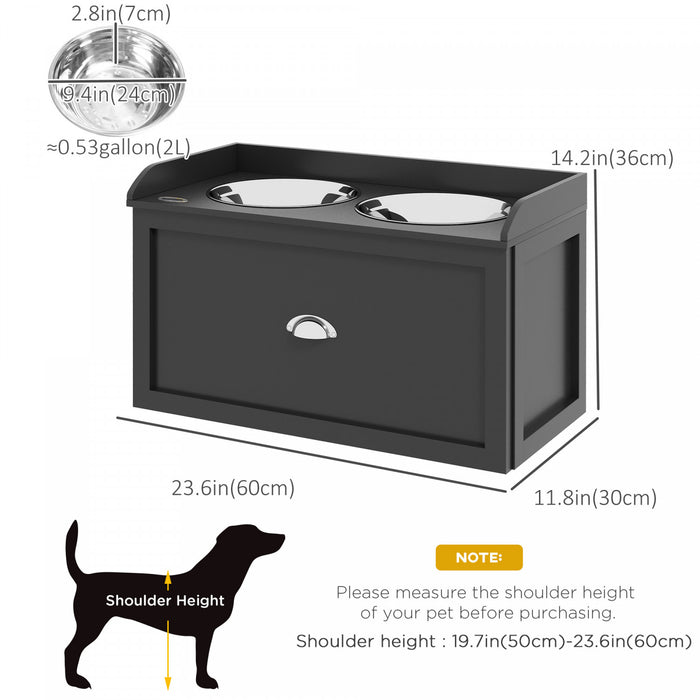 Pawhut Gamelles Surelevees Pour Grands Chiens, Station D'alimentation Surelevee Pour Animaux Avec 2 Gamelles En Acier Inoxydable, Tiroir De Rangement Cache, Noir