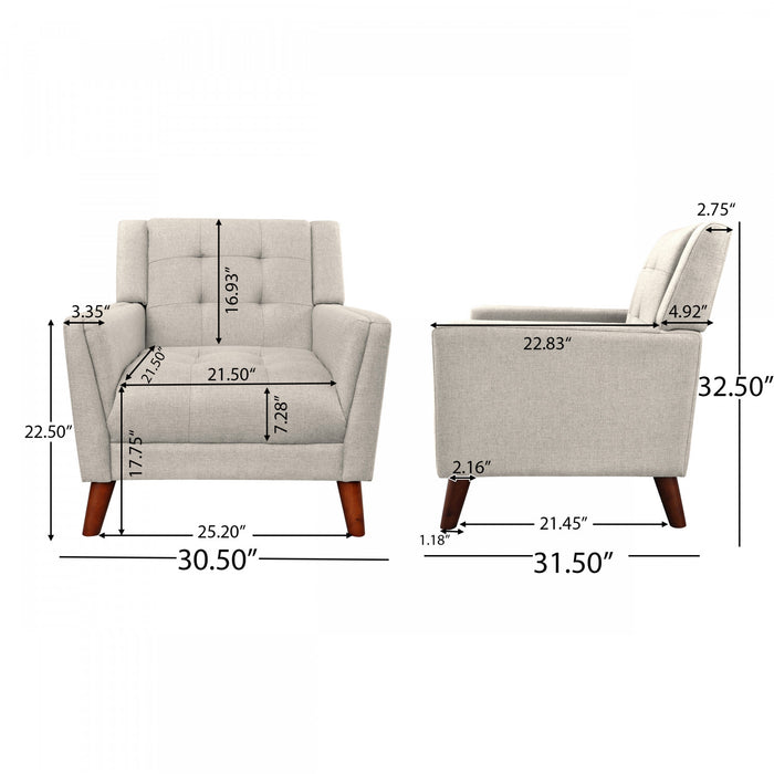 Midway Fauteuil Moderne du Milieu de Siecle a Point Capitonne Gaufre, Beige, Noyer