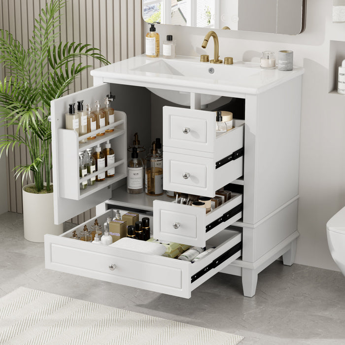 Emma Meuble-lavabo en bois massif de 30\" avec vasque en ceramique et porte a fermeture douce, Blanc