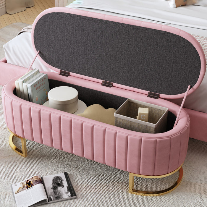 Banc de rangement elegant Amelia en velours capitonne avec pieds en metal, rose