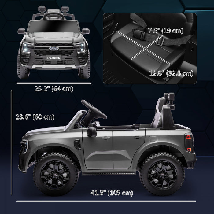 Qaba Ford Ranger 12v Avec Rangement Arriere, Voiture Electrique A Batterie Pour Enfants Avec Telecommande, Suspension A Ressort, Phares, Klaxon, Gris