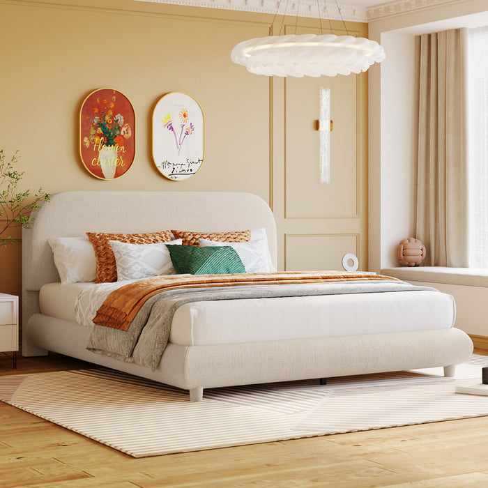 Lit plateforme Sophie rembourre en polaire Teddy avec tissu doux et cadre robuste, taille Queen, beige