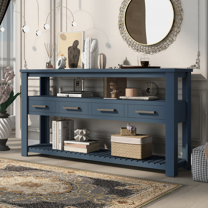 Table d'entree Ava 62,2'' avec tiroirs et etageres ouvertes, bleu marine