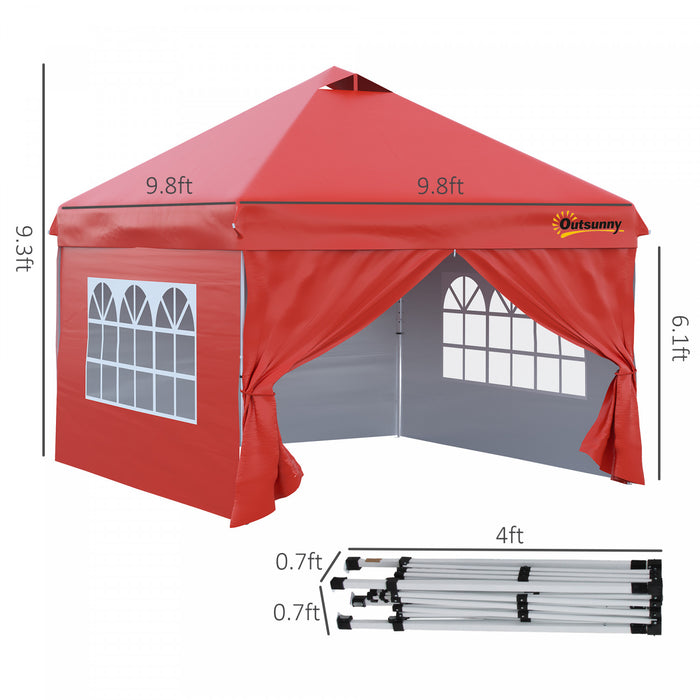 Outsunny Tonnelle Barnum Tente D'auvent Pop Up 10' X 10', Tente D'abri Instantanee Avec Parois Laterales, Fenetres, Sac A Roulettes Pour Jardin, Terrasse, Rouge