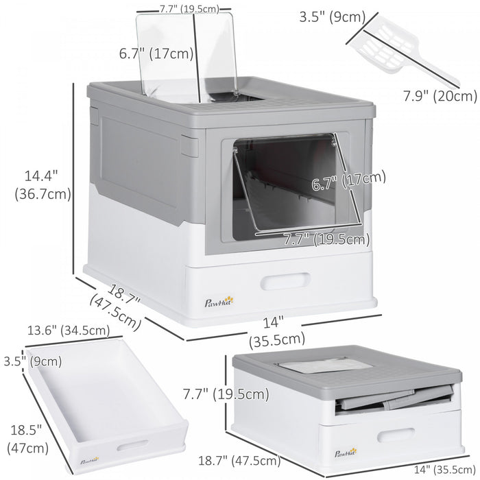 Pawhut Bac A Litiere Pour Chat Entierement Ferme Avec Pelle, Litiere Avec Plateau De Type Tiroir, Pot Pliable Anti-odeur Avec Entree Avant, Sortie Superieure, Toilettes Portables Pour Chat, Gris
