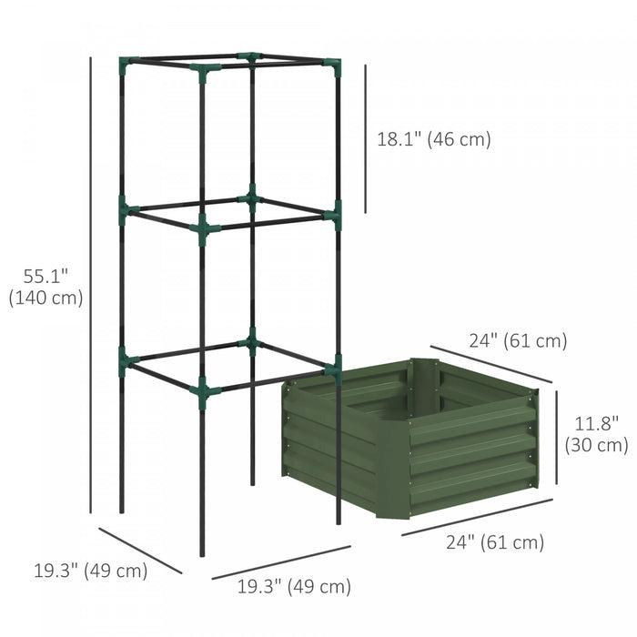 Outsunny Jardiniere Surelevee, 24\" X 24\" X 11.8\" Jardiniere Exterieure Galvanisee Avec 3 Niveaux De Treillis Cage A Tomates Et Fond Ouvert Pour Vignes Grimpantes, Legumes, Fleurs, Vert.
