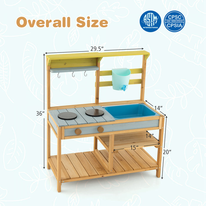 Jeu De Cuisine En Bois Pour Enfant, Cuisine Jouet Pour Enfant, Robinet Et Reservoir A Eau, Evier Amovible, 3 Crochets De Suspension, 1 Etagere Amovible, 2 Etageres Fixes, Pour Les +3 Ans