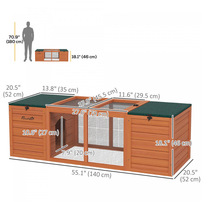 Pawhut Clapier D'exterieur En Bois Pour Cochon D'inde Avec Double Maison Principale, Dessus Ouvrant, Toits En Asphalte Pour 1 A 2 Lapins, 55\" X 20.5\" X 18\", Orange