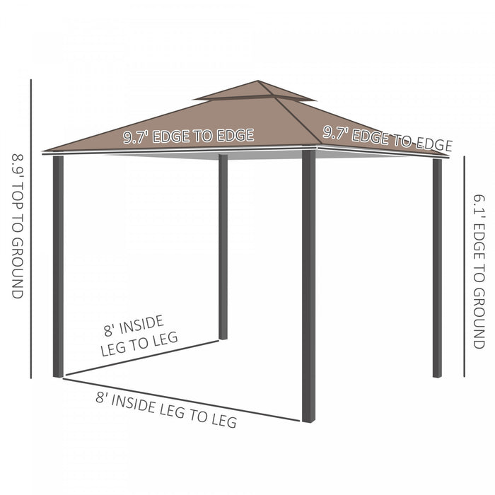 Outsunny 10x10pi Pare-soleil Exterieur A Auvent De Gazebo De Jardin A Deux Niveaux Toit Anti-uv Resistant A L'eau Avec Structure En Metal Et Parois Laterales En Maille Cafe