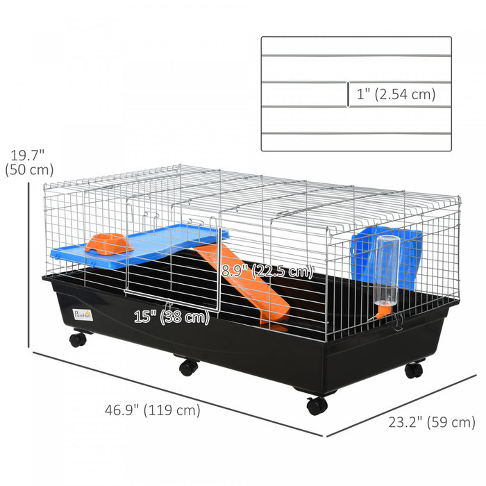 Pawhut Cage Pour Petits Animaux De 47\", Cage A Lapin Roulant, Cage Pour Cochon D'inde Avec Plat De Nourriture, Bouteille D'eau, Mangeoire A Foin, Rampe Pour Furet Chinchilla, Noir