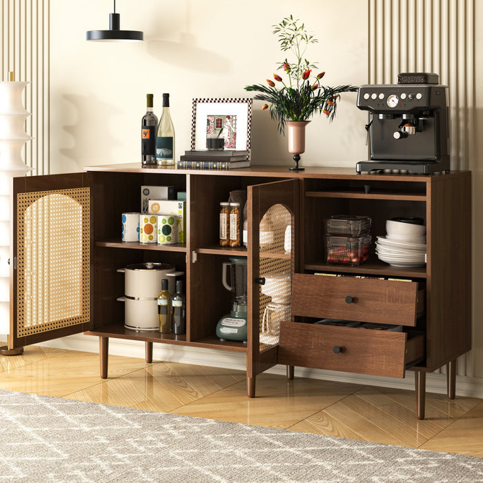 Zona 51.1\" Buffet avec Portes en Rattan et Etageres Ajustables, Marron Fonce