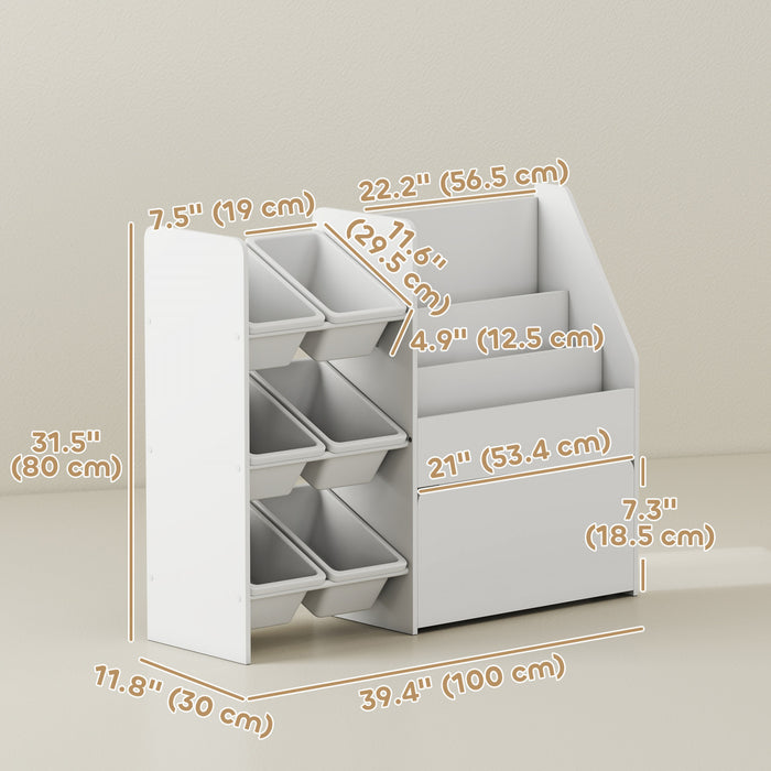 Qaba Etagere et Rangement de Jouets pour Enfants, Bibliotheque a 3 Niveaux avec 6 Bacs Amovibles, Organisateur de Jouets Montessori pour Chambre d'Enfants, Blanc