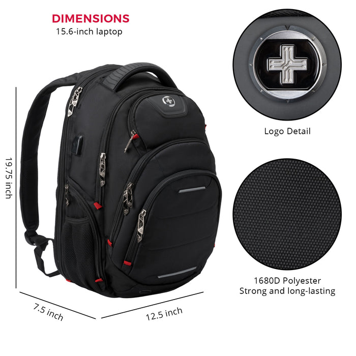 Sac a dos Swissdigital Neptune – Sac pour ordinateur portable de 16\", chargement USB, detecteur SDD, protection RFID, compatible TSA, systeme Add-A-Bag