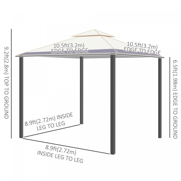 Outsunny 10' X 10' Gazebo Exterieur A Toit Souple Abri De Pavillon Gardem Cadre En Acier Avec Toit Double, Avant-toits, Murs Lateraux En Filet De Pelouse Pare-soleil Beige