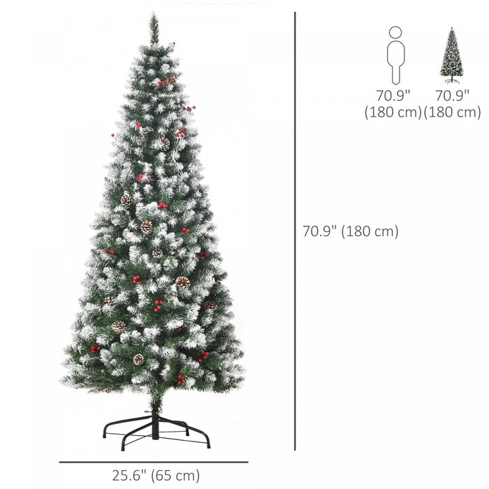 Homcom Sapin De Noel Floque Avec Baies Rouges, Pommes De Pin, Vert