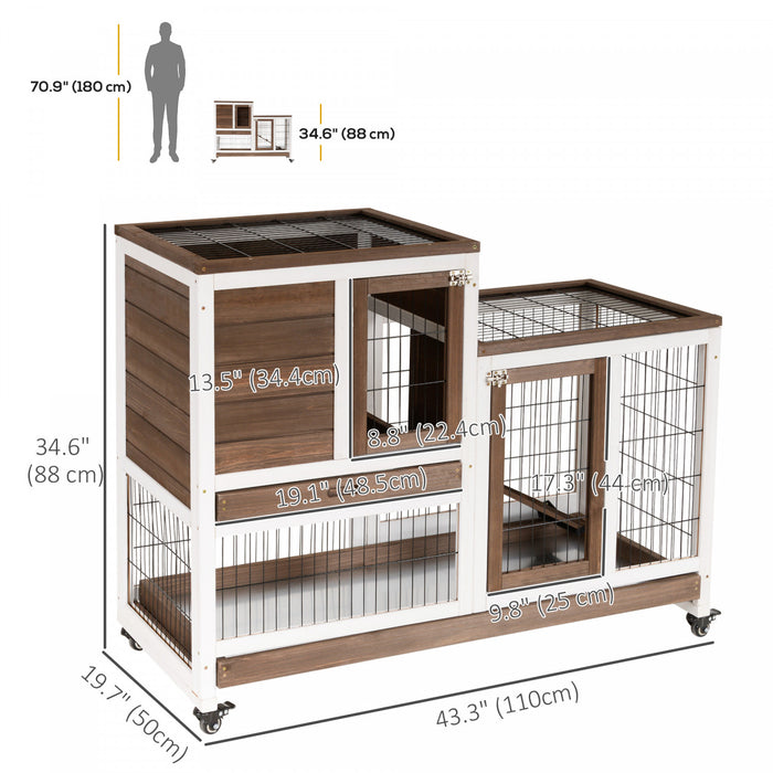 Pawhut Cage A Lapin Surelevee En Bois Habitat Pour Petits Animaux D'interieur Avec Parcours Ferme Avec Roues, Rampe, Plateau Amovible Ideal Pour Cochons D'inde, Marron