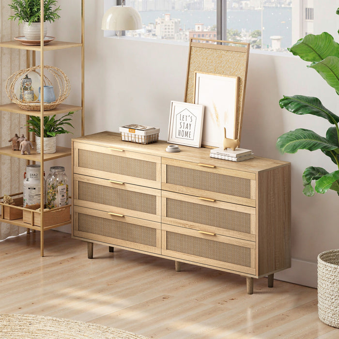 Meuble de rangement moderne Mila a 6 tiroirs en rotin avec structure en bois manufacture - couleur naturelle