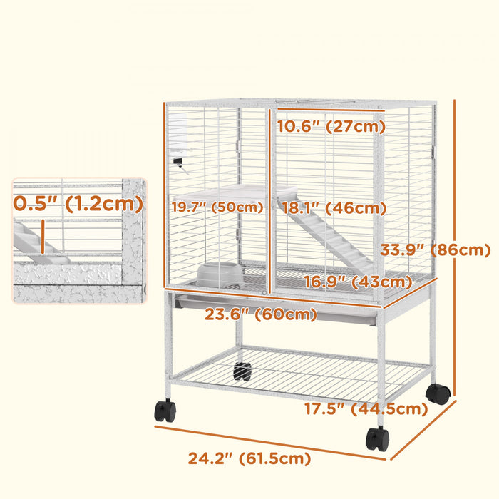 Pawhut Cage Pour Petits Animaux Avec Roulettes, Parc Pour Rats, Furets, Chinchillas Avec Etagere De Rangement Inferieure, Plateau Amovible, Rampe, 24,2\" X 17,9\" X 33,9\", Gris Clair