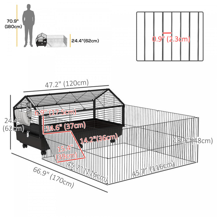Pawhut Cage En Metal Pour Petits Animaux, Cage A Lapin Pour Cochon D'inde, Chinchilla, Herisson, Lapin Avec Roues Amovibles Et Cloture Pliable Et Amovible 47,2\" L X 66,9\" L X 24,4\" H