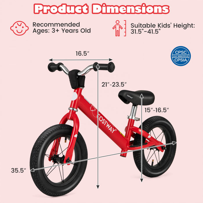 Bicycle D'equilibre Costway 12 Pouces Sans Pedale Bicycle D'entrainement Avec Pneus En Caoutchouc Gonflables Rouges