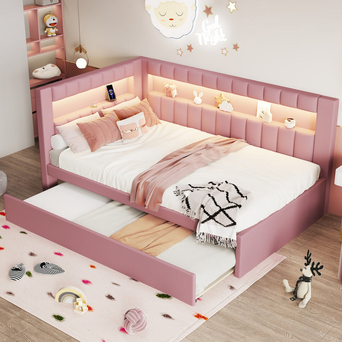 Lit plateforme Lily rembourre avec LED et ports USB, rose
