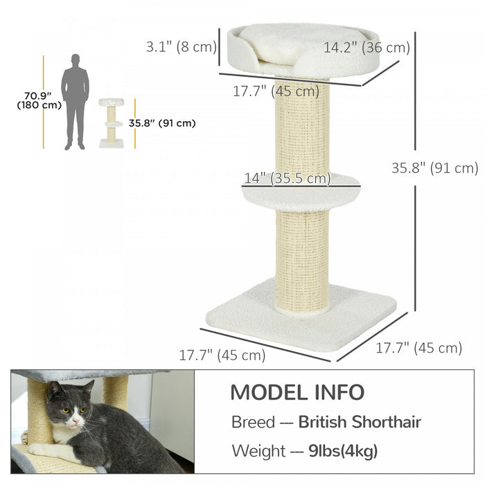 Pawhut Arbre A Chat 36\" Tour Pour Chat A Plusieurs Niveaux Avec Grattoir En Sisal, Lit Pour Chat, Coussin, Perchoir, Blanc Creme