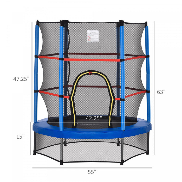 Outsunny Trampoline Φ55\" Pour Enfants Avec Filet De Protection, Cadre En Acier, Interieur Rond, Rebondeur, Age 3 A 6 Ans, Bleu