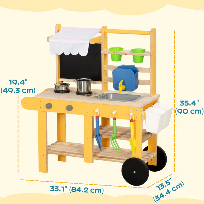 Cuisine de boue Qaba avec roues, evier, cuisiniere, etagere et tableau noir, jaune