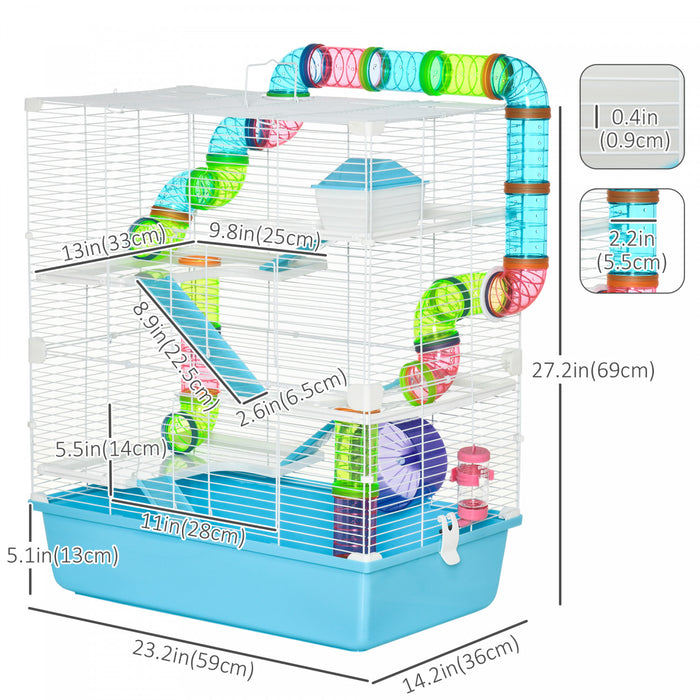 Pawhut Grande Cage Pour Hamster De 58,4 Cm, Maison Pour Petits Animaux, Refuge Pour Gerbilles A 5 Niveaux, Systeme De Tube Tunnel, Avec Bouteille D'eau, Roue D'exercice, Plat De Nourriture, Rampes