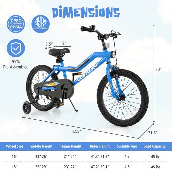 Costway 18\" Led Eclaire Velo Pour Enfants Avec Siege Reglable Coaster Frein Roues D'entrainement Bleu