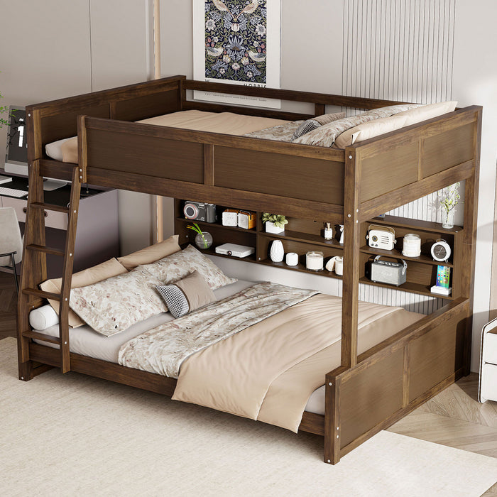Lit superpose Liam en bois massif Full XL sur Queen avec rangement et ports USB, brun