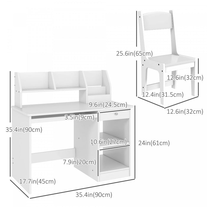 Qaba Ensemble Bureau Et Chaise Pour Enfants De 5 A 8 Ans Avec Rangement, Table D'etude Et Chaise Pour Enfants, Blanc
