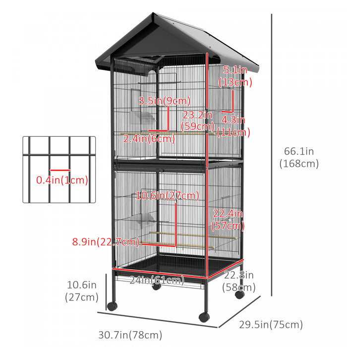 Pawhut Cage A Oiseaux En Metal Forge Avec Support Roulant, Conteneurs Alimentaires Portes Roues 67\" H, Noir