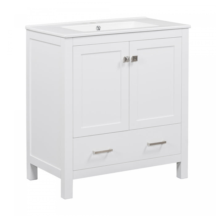 Solstice Meuble-Lavabo Simple 60 po avec Portes et Tiroir a Fermeture Amortie, Blanc