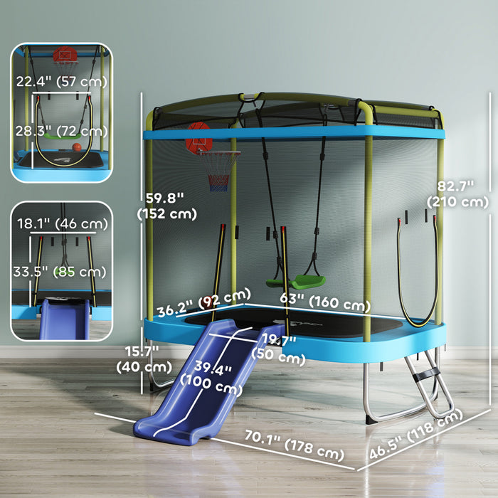 Qaba Trampoline pour Enfants 70\" x 47\", Trampoline d'Interieur et Exterieur avec Toboggan, Balancoire, Panier de Basket, Echelle et Filet de Securite, Bleu Clair