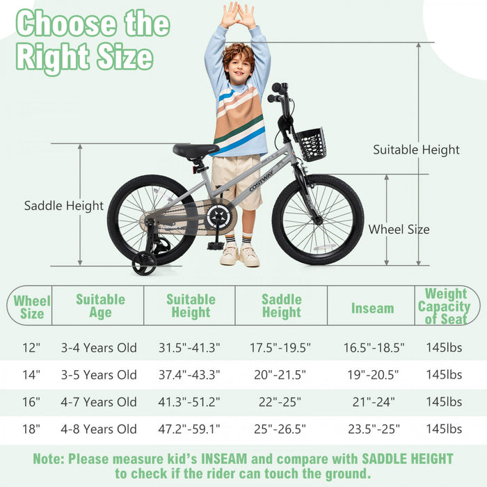 Costway 16\" Velo Pour Enfants Avec Roues D'entrainement Guidon Reglable Et Frein A Main De Siege Argent