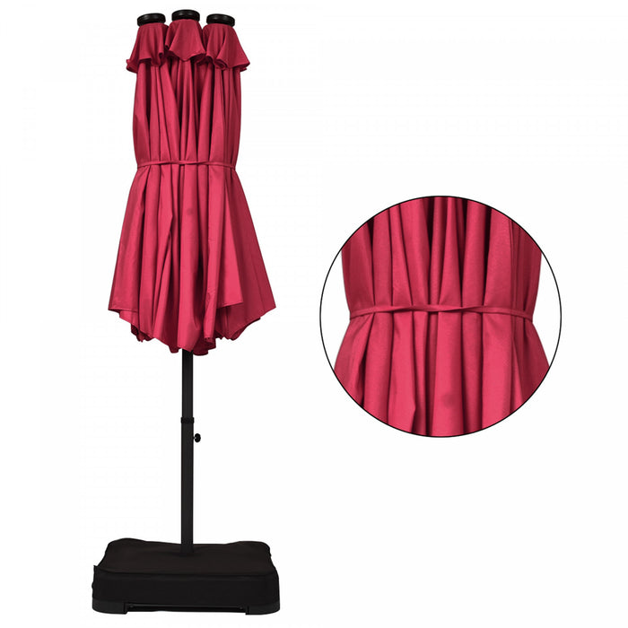Costway Parasol de marche double-face solaire LED 15Ft Patio avec manivelle pied Bourgogne