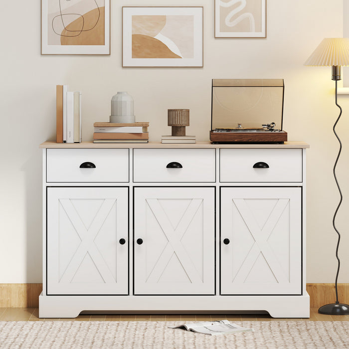 HOMCOM Buffet de 46.5\" avec 3 portes de style grange et 3 tiroirs, blanc