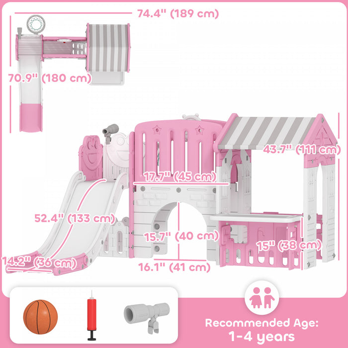 Qaba Toboggan 7 en 1 pour tout-petits avec maisonnette, toboggan d'escalade pour enfants avec panier de basket et tunnel pour jeux d'interieur de 1 a 4 ans, rose